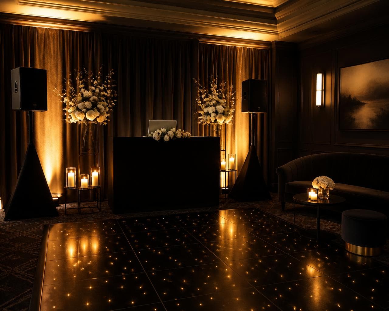 Elegant DJ booth with speakers and warm amber uplighting