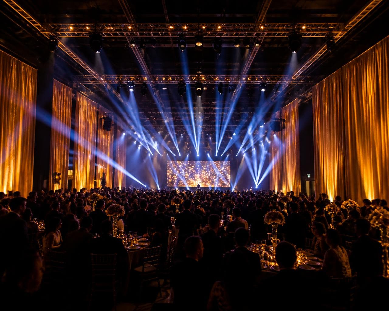 Large gala production with stage lighting and a full audience