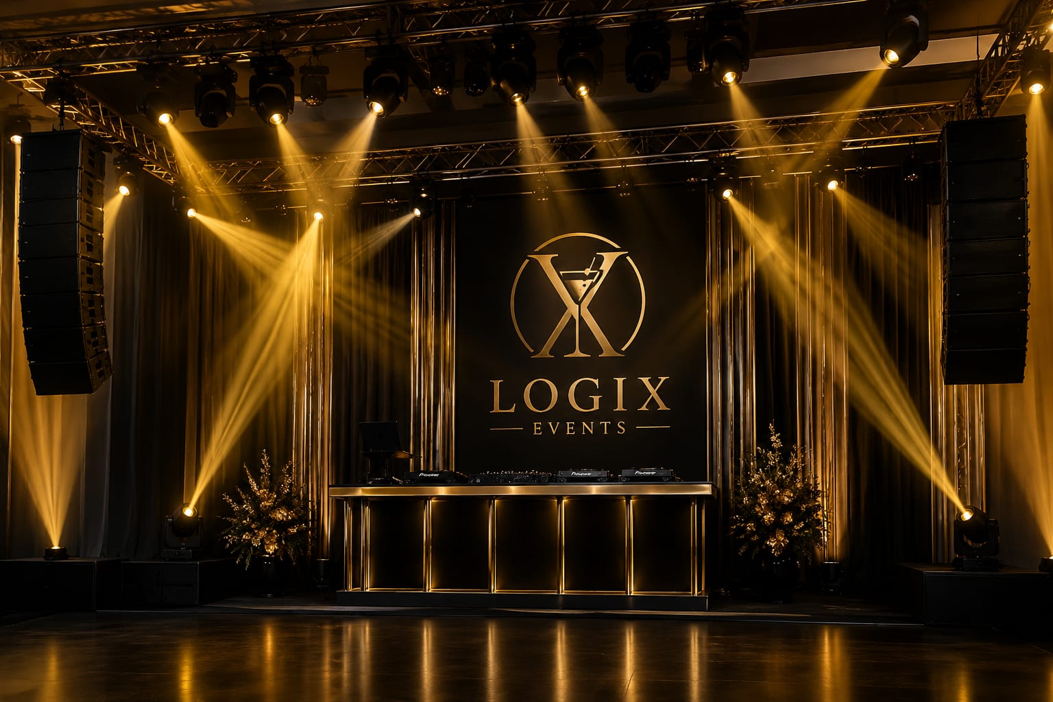 Gold-lit Logix Events stage with DJ booth, line array speakers and moving-head lighting