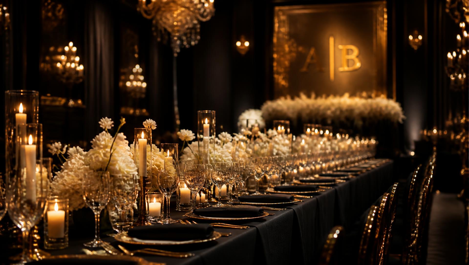 Black-tie gala table set with gold chargers and candlelight