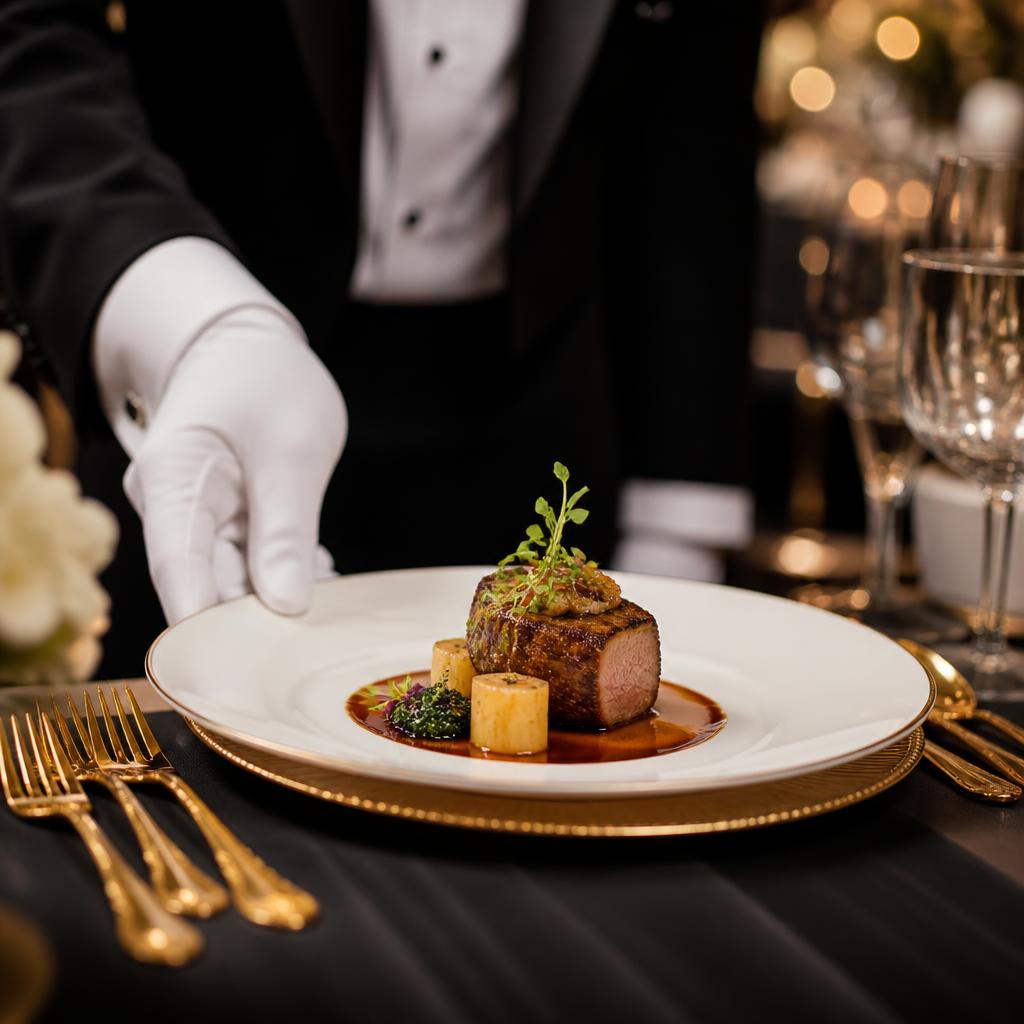 Plated fine dining course served on a gold charger at a black-tie gala