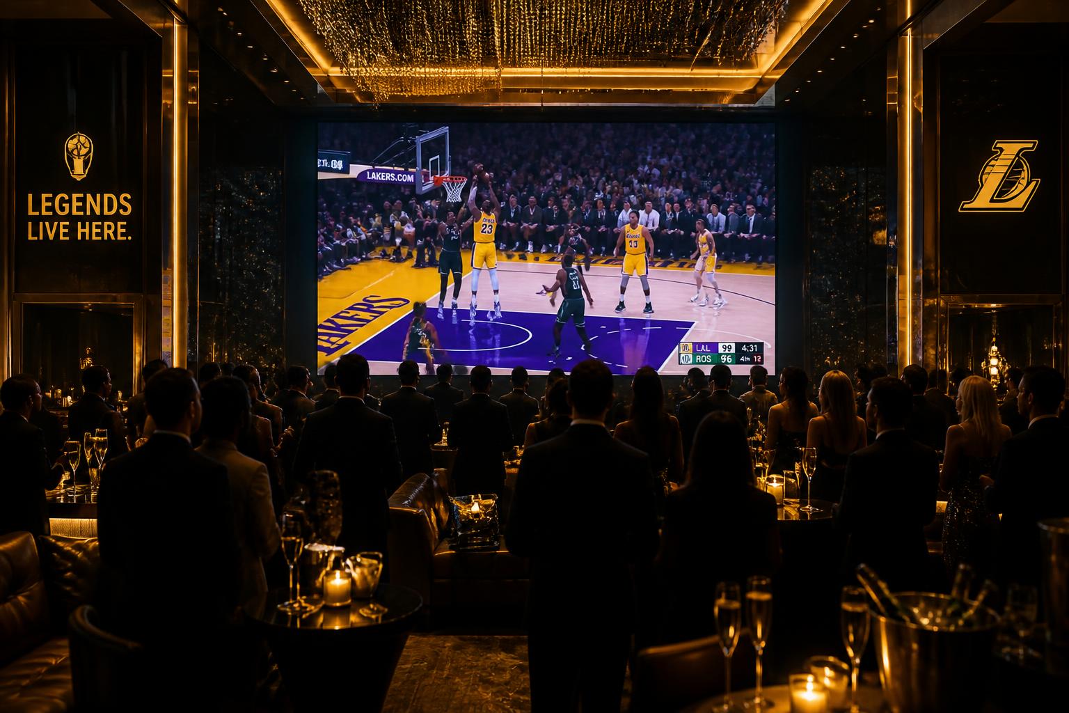 Guests watching a championship game on a large LED screen in a gold-lit lounge