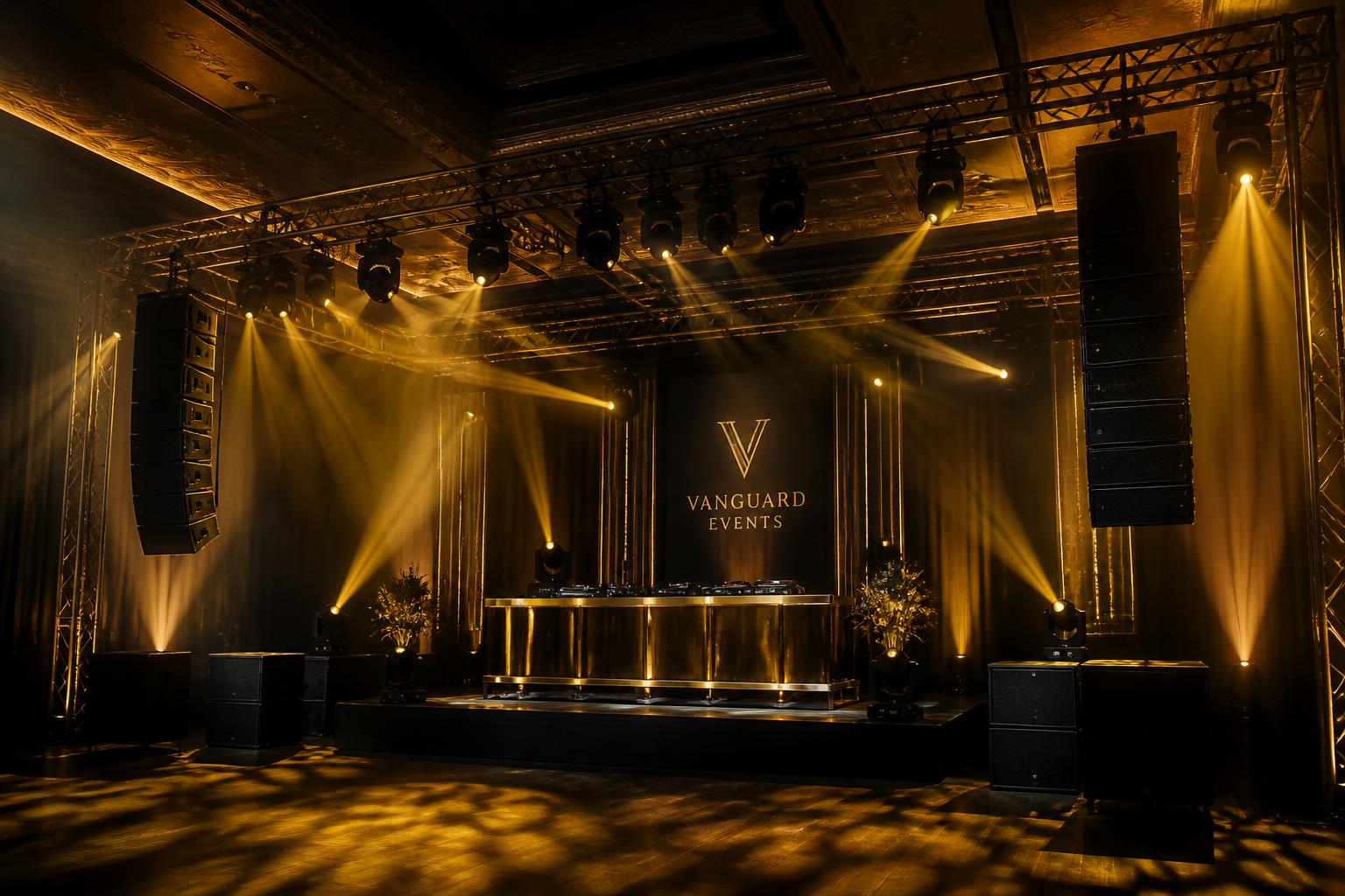 Gold-lit DJ booth with line array speakers and stage truss in a dark venue